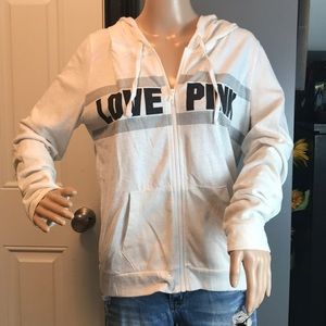 PINK jacket. With hood. Black writing white color